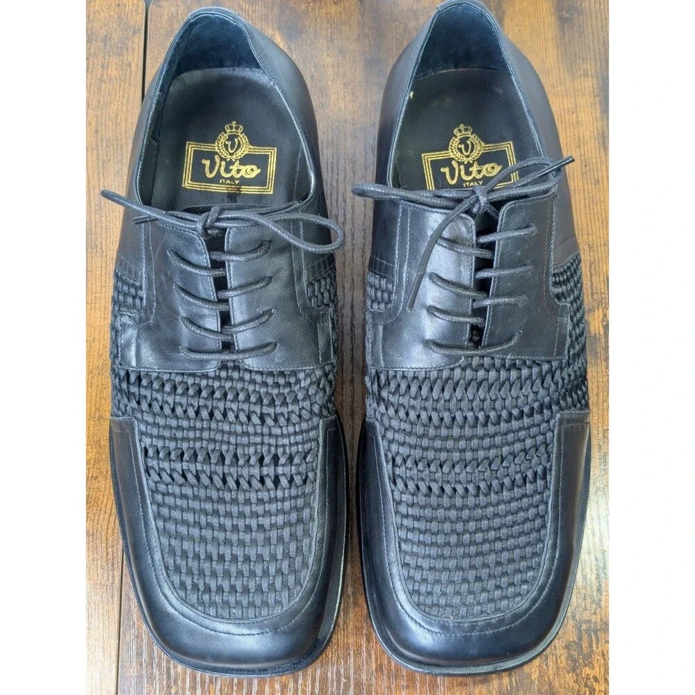 Vito Rufolo Italy Mens Woven Leather Dress Shoes Black Square Toe Derby Size 42